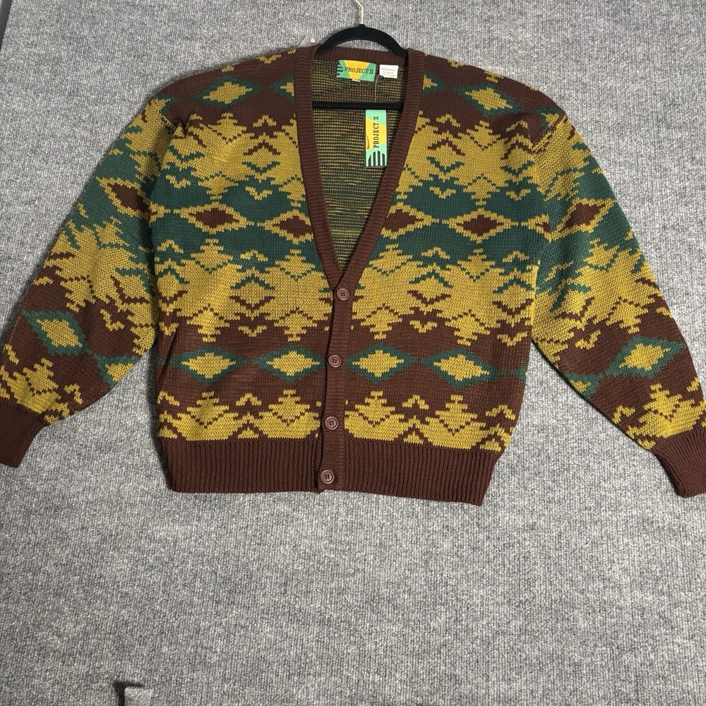 Vintage Project II Sweater Mens Large‎ Brown Cardigan Aztec Geometric Knit 90s